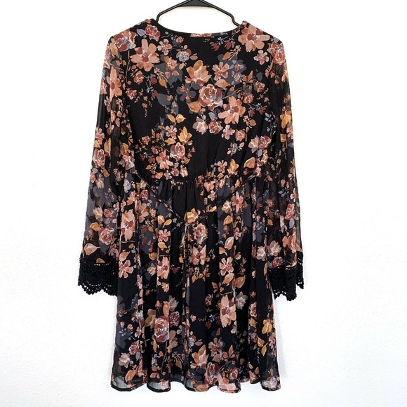 Xhilaration Black Floral Lace Up Long Sleeve Dress - Picture 5 of 8